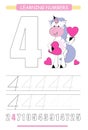 Funny children flashcard number four. Unicorn with hearts learning to count and to write. Coloring printable worksheet for kinderg Royalty Free Stock Photo